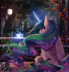 Size: 1280x1320 | Tagged: safe, artist:justkattyo, artist:muna, imported from derpibooru, princess celestia, alicorn, pony, cup, detailed, female, forest, lamp, lantern, magic, mare, night, rear view, sitting, solo, teacup, telekinesis, tree