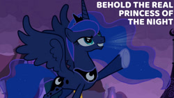 Size: 1280x720 | Tagged: safe, edit, edited screencap, editor:quoterific, imported from derpibooru, screencap, princess luna, alicorn, pony, luna eclipsed, season 2, crown, female, jewelry, mare, night, raised hoof, regalia, smiling, solo, spread wings, wings