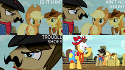 Size: 1280x720 | Tagged: safe, edit, edited screencap, editor:quoterific, imported from derpibooru, screencap, applejack, braeburn, caramel, sheriff silverstar, earth pony, pony, appleoosa's most wanted, season 5, applejack's hat, close-up, cowboy hat, eyes closed, female, hat, hay, male, mare, open mouth, stallion