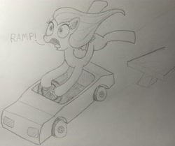 Size: 3609x3011 | Tagged: safe, artist:doodledonutart, artist:pony-thunder, imported from derpibooru, fluttershy, pony, atg 2021, car, high res, monochrome, newbie artist training grounds, ramp, solo, traditional art