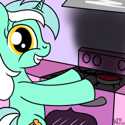 Size: 2000x2000 | Tagged: safe, artist:dafiltafish, imported from derpibooru, lyra heartstrings, pony, unicorn, atg 2021, bipedal, cooking, female, frying pan, high res, looking at you, looking back, looking back at you, newbie artist training grounds, solo, teeth