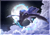 Size: 5788x4093 | Tagged: safe, artist:artistgenepal, imported from derpibooru, princess luna, alicorn, pony, absurd resolution, canterlot, cloud, eyebrows, eyebrows visible through hair, eyes closed, featured image, female, flying, full moon, glowing horn, happy, horn, majestic, mare, moon, open mouth, open smile, smiling, solo, spread wings, unshorn fetlocks, wings