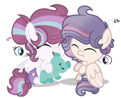 Size: 2412x1956 | Tagged: safe, artist:cheekycheesefan101, artist:lightning-chaseryt, imported from derpibooru, oc, oc:marble starlight, oc:starry berry, pony, baby, baby pony, diaper, offspring, parent:pound cake, parent:princess flurry heart, parents:poundflurry, plushie, siblings, simple background, teddy bear, transparent background, twins