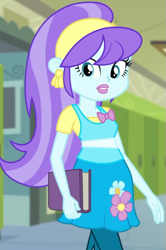 Size: 449x677 | Tagged: safe, imported from derpibooru, screencap, aqua blossom, equestria girls, equestria girls series, holidays unwrapped, spoiler:eqg series (season 2), book, canterlot high, cropped, female, hallway, lockers, o come all ye squashful, solo