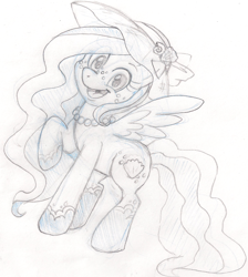 Size: 1185x1321 | Tagged: safe, artist:scittykitty, imported from derpibooru, oc, oc only, oc:seafoam, pegasus, pony, :d, hat, jewelry, lineart, monochrome, necklace, pearl necklace, pegasus oc, raised hoof, sun hat, traditional art, wings