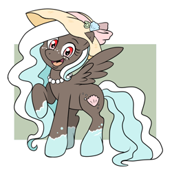 Size: 1116x1118 | Tagged: safe, alternate version, artist:scittykitty, imported from derpibooru, oc, oc only, oc:seafoam, pegasus, pony, :d, abstract background, coat markings, colored, eyelashes, female, hat, jewelry, mare, necklace, pearl necklace, pegasus oc, raised hoof, socks (coat markings), sun hat, wings