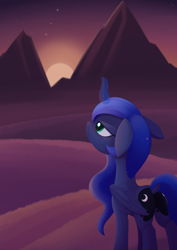 Size: 988x1394 | Tagged: safe, artist:dusthiel, imported from derpibooru, princess luna, alicorn, pony, atg 2021, glowing horn, horn, magic, mountain, newbie artist training grounds, raising the sun, solo, sun, sunset, try