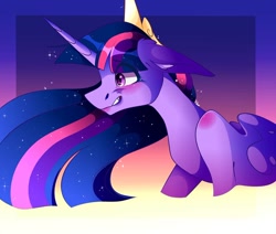 Size: 1080x915 | Tagged: safe, artist:tessa_key_, imported from derpibooru, twilight sparkle, alicorn, pony, the last problem, abstract background, bust, ethereal mane, female, horn, jewelry, mare, older, older twilight, princess twilight 2.0, smiling, solo, starry mane, tiara, twilight sparkle (alicorn), wings