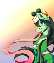 Size: 1080x1275 | Tagged: safe, artist:tessa_key_, imported from derpibooru, earth pony, pony, abstract background, clothes, female, goggles, mare, my hero academia, ponified, prehensile tongue, smiling, solo, tongue out, tsuyu asui
