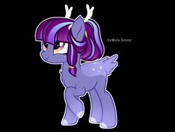 Size: 1080x817 | Tagged: safe, artist:sia.brony, imported from derpibooru, oc, oc only, deer, deer pony, original species, pony, antlers, black background, chest fluff, colored hooves, looking up, raised hoof, simple background