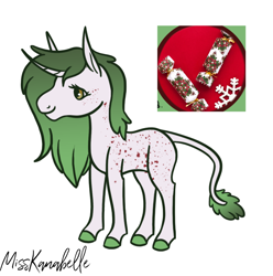 Size: 810x816 | Tagged: safe, artist:misskanabelle, imported from derpibooru, oc, oc only, pony, unicorn, christmas cracker, colored hooves, curved horn, female, horn, leonine tail, mare, signature, simple background, unicorn oc, white background