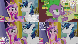 Size: 1280x720 | Tagged: safe, edit, edited screencap, editor:quoterific, imported from derpibooru, screencap, princess cadance, shining armor, spike, alicorn, dragon, pony, unicorn, a flurry of emotions, season 7, crown, female, jewelry, male, mare, messy hair, open mouth, regalia, smiling, stallion, twilight's castle