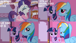 Size: 1280x720 | Tagged: safe, edit, edited screencap, editor:quoterific, imported from derpibooru, screencap, rainbow dash, rarity, twilight sparkle, pegasus, pony, unicorn, season 1, suited for success, brutal honesty, carousel boutique, eyes closed, female, lidded eyes, mare, marshmelodrama, open mouth, rarity being rarity, twilight sparkle is best facemaker, unicorn twilight, wavy mouth