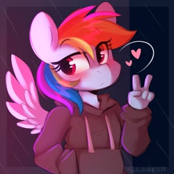 Size: 3000x3000 | Tagged: safe, artist:sakukitty, imported from derpibooru, rainbow dash, anthro, pegasus, blushing, clothes, cute, dashabetes, eye clipping through hair, eyebrows, eyebrows visible through hair, female, heart, high res, hoodie, peace sign, rain, solo, spread wings, wings