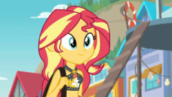 Size: 800x450 | Tagged: safe, imported from derpibooru, screencap, sunset shimmer, equestria girls, equestria girls series, forgotten friendship, adorasexy, animated, bare shoulders, beach, belly button, bikini, blinking, clothes, cute, eyes closed, female, geode of empathy, gif, magical geodes, sexy, shimmerbetes, sleeveless, smiling, solo, swimsuit, teeth, walking