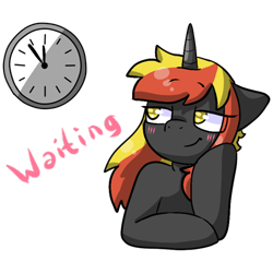 Size: 512x512 | Tagged: safe, artist:alex69vodka, imported from derpibooru, oc, oc only, oc:java, pony, unicorn, blushing, clock, female, simple background, sticker, text, transparent background