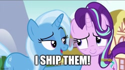 Size: 888x499 | Tagged: safe, edit, edited screencap, imported from derpibooru, screencap, starlight glimmer, trixie, all bottled up, season 7, caption, female, image macro, imgflip, lesbian, shipping, startrix, text