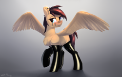 Size: 3000x1900 | Tagged: safe, artist:shido-tara, imported from derpibooru, oc, oc only, oc:kuri, pegasus, pony, blushing, clothes, commission, female, latex, latex socks, looking at you, mare, simple background, smiling, socks, solo, spread wings, wings