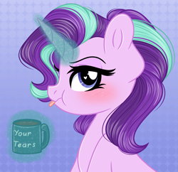 Size: 2929x2836 | Tagged: safe, artist:emberslament, imported from derpibooru, starlight glimmer, pony, unicorn, blushing, coffee, cute, female, grumpy, heart, heart eyes, high res, levitation, looking at you, magic, mare, mug, puffy cheeks, simple background, solo, telekinesis, tongue out, wingding eyes