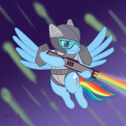 Size: 1000x1000 | Tagged: safe, artist:phallen1, imported from derpibooru, rainbow dash, pegasus, pony, backwards cutie mark, earth defense force, female, flying, gun, helmet, laser rifle, solo, visor, weapon