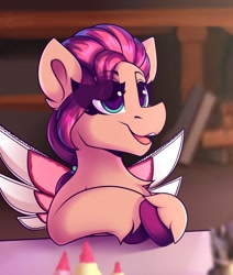 Size: 1274x1500 | Tagged: safe, artist:shadowreindeer, imported from derpibooru, sunny starscout, earth pony, pony, chest fluff, cute, eyelashes, fake wings, female, filly, filly sunny starscout, g5, open mouth, solo, sunnybetes, table, unshorn fetlocks