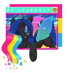 Size: 2448x2644 | Tagged: safe, artist:musicfirewind, artist:wavecipher, imported from derpibooru, part of a set, oc, oc only, oc:swift dawn, changeling, pony, blue changeling, blue eyes, changeling oc, commission, eyebrows, eyebrows visible through hair, face paint, flag, heart, heart eyes, high res, horn, looking at you, male, microsoft, microsoft windows, pansexual pride flag, pride, pride flag, signature, simple background, solo, stallion, transparent background, vaporwave, watermark, webcore, windows, windows 98, wingding eyes, wingdings, wings, ych result