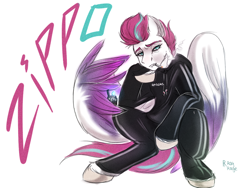 Size: 1024x768 | Tagged: safe, artist:raychelrage, imported from derpibooru, zipp storm, pegasus, pony, amogus, among us, cigarette, clothes, feather, female, g5, gopnik, hoodie, lighter, mare, meme, pants, signature, simple background, slav squat, smoking, solo, spread wings, sweater, text, tracksuit, white background, wing hands, wings, zippo