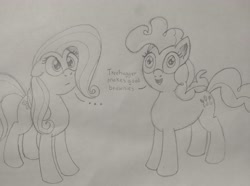 Size: 3573x2661 | Tagged: safe, artist:doodledonutart, artist:pony-thunder, imported from derpibooru, fluttershy, pinkie pie, pony, atg 2021, high res, implied drug use, implied tree hugger, monochrome, newbie artist training grounds, solo, traditional art