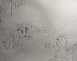 Size: 3707x2941 | Tagged: safe, artist:doodledonutart, artist:pony-thunder, imported from derpibooru, fluttershy, oc, oc:honey blossom, pony, atg 2021, high res, monochrome, newbie artist training grounds, pun, traditional art