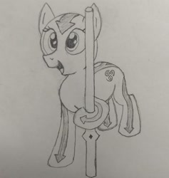 Size: 2744x2889 | Tagged: safe, artist:doodledonutart, artist:pony-thunder, imported from derpibooru, pony, aang, atg 2021, avatar the last airbender, high res, monochrome, newbie artist training grounds, ponified, solo, staff, traditional art