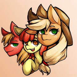 Size: 1764x1764 | Tagged: safe, artist:kyouman1010, imported from derpibooru, apple bloom, applejack, big macintosh, earth pony, pony, apple siblings, apple sisters, brother and sister, bust, female, filly, gradient background, male, mare, siblings, sisters, stallion