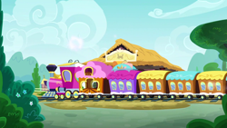 Size: 1280x720 | Tagged: safe, imported from derpibooru, screencap, dungeons and discords, background, bush, cloud, day, friendship express, no pony, ponyville, ponyville train station, scenic ponyville, tree