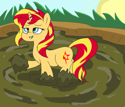 Size: 1400x1200 | Tagged: safe, artist:amateur-draw, imported from derpibooru, sunset shimmer, pony, unicorn, cutie mark, female, grin, mare, mud, mud bath, mud play, muddy, muddy hooves, smiling, wet and messy