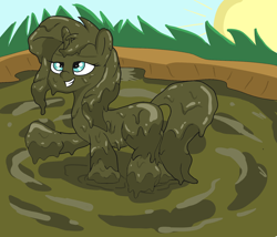 Size: 1400x1200 | Tagged: safe, alternate version, artist:amateur-draw, imported from derpibooru, sunset shimmer, pony, unicorn, covered in mud, female, grin, mare, mud, mud bath, mud play, muddy, smiling, solo, wet and messy