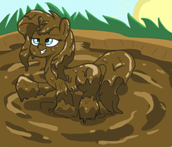 Size: 1400x1200 | Tagged: safe, alternate version, artist:amateur-draw, imported from derpibooru, pony, covered in mud, female, grin, mare, mud, mud bath, mud play, muddy, smiling, solo, wet and messy