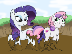 Size: 1600x1200 | Tagged: safe, artist:amateur-draw, imported from derpibooru, rarity, sweetie belle, pony, unicorn, female, filly, mare, mud, mud bath, mud play, muddy, open mouth, open smile, smiling, wet and messy