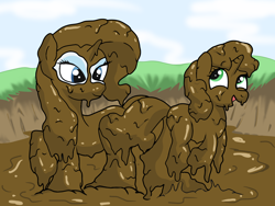 Size: 1600x1200 | Tagged: safe, alternate version, artist:amateur-draw, imported from derpibooru, rarity, sweetie belle, pony, unicorn, covered in mud, female, mare, mud, mud bath, mud play, mud pony, muddy, open mouth, open smile, smiling, wet and messy