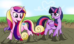 Size: 2000x1200 | Tagged: safe, artist:amateur-draw, imported from derpibooru, princess cadance, twilight sparkle, alicorn, pony, duo, female, mare, mud, mud bath, mud play, muddy, muddy hooves, open mouth, open smile, sisters-in-law, smiling, twilight sparkle (alicorn), wet and messy