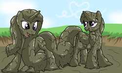 Size: 2000x1200 | Tagged: safe, alternate version, artist:amateur-draw, imported from derpibooru, princess cadance, twilight sparkle, alicorn, pony, covered in mud, duo, female, mare, mud, mud bath, mud play, mud pony, muddy, open mouth, open smile, sisters-in-law, smiling, twilight sparkle (alicorn), wet and messy