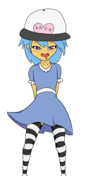 Size: 603x1236 | Tagged: safe, artist:happy harvey, imported from derpibooru, oc, oc:little league, human, equestria girls, blushing, clothes, colored pupils, drawn on phone, dress, drool, female, hands behind back, hat, looking at you, looking down, phone drawing, socks, striped socks