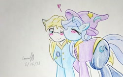 Size: 1938x1220 | Tagged: safe, artist:gmangamer25, imported from derpibooru, prince blueblood, trixie, pony, unicorn, bluetrix, blushing, cheek kiss, eyes closed, female, floating heart, heart, kiss on the cheek, kissing, male, one eye closed, shipping, straight