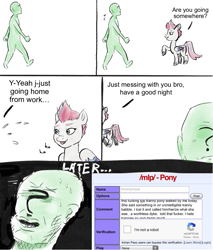 Size: 831x974 | Tagged: artist needed, safe, imported from derpibooru, zipp storm, oc, oc:anon, /mlp/, 4chan, comic, dialogue, g5, laughing, meme, racists on 4chan, slur, sweat, triggered, upset, vulgar