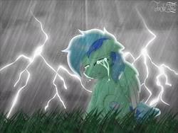 Size: 2000x1500 | Tagged: safe, artist:jadebreeze115, imported from derpibooru, oc, oc only, oc:jade breeze, pegasus, pony, colored wings, crying, depressed, ethereal mane, eyes closed, gradient wings, grass, lightning, looking down, male, pegasus oc, rain, sad, solo, stallion, teeth, thunderstorm, wet, wet mane, wings