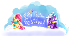 Size: 3365x1782 | Tagged: safe, artist:suplolnope, imported from derpibooru, oc, oc only, pegasus, pony, banner, clothes, cloud, duo, eyes closed, feather, female, filly, one eye closed, raised hoof, scarf, sitting, smiling, snow, winter