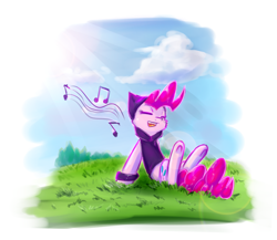 Size: 2631x2280 | Tagged: safe, artist:suplolnope, imported from derpibooru, pinkie pie, earth pony, pony, bracelet, clothes, cloud, crepuscular rays, eyes closed, female, grass, high res, hoodie, jewelry, lens flare, mare, music notes, open mouth, outdoors, ponk, singing, sky, solo