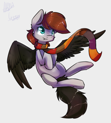 Size: 1665x1833 | Tagged: safe, artist:suplolnope, imported from derpibooru, oc, oc only, pegasus, pony, clothes, colored wings, female, flying, gift art, gray background, mare, scarf, scrunchy face, signature, simple background, solo, spread wings, wings