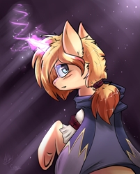Size: 1243x1549 | Tagged: safe, artist:suplolnope, imported from derpibooru, oc, oc only, pony, unicorn, bust, crepuscular rays, glowing horn, hairband, horn, looking at you, looking back, looking back at you, magic, raised hoof, signature, solo, underhoof