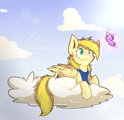 Size: 1260x1227 | Tagged: safe, artist:suplolnope, imported from derpibooru, oc, oc only, butterfly, pegasus, pony, bandana, blushing, cloud, female, lying down, mare, paint tool sai, sky, smiling, solo
