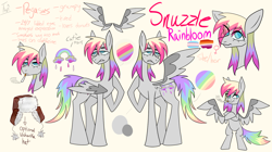 Size: 1800x1010 | Tagged: safe, artist:junko, artist:php163, imported from derpibooru, oc, oc only, oc:snuzzle rainbloom, pegasus, pony, annoyed, blue eyes, cigarette, female, hat, lidded eyes, mare, pride flag, rainbow, reference sheet, simple background, smoking, solo, standing, ushanka, yellow background