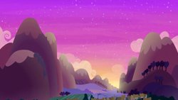 Size: 1280x720 | Tagged: safe, imported from derpibooru, screencap, dungeons and discords, background, cloud, mountain, no pony, ponyville, scenic ponyville, sunset, tree
